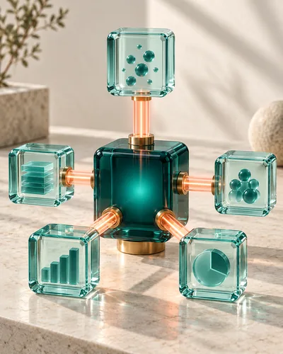 Layered teal and coral glass forms