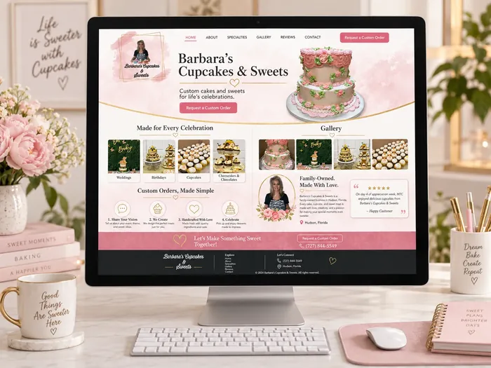 Barbara's Cupcakes and Sweets website on a desktop monitor