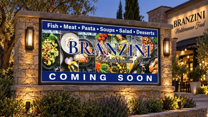 Branzini Mediterranean Food backlit coming soon sign