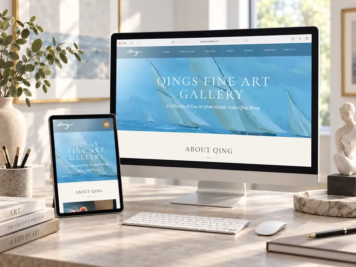 Qing's Fine Art Gallery website shown on desktop and tablet