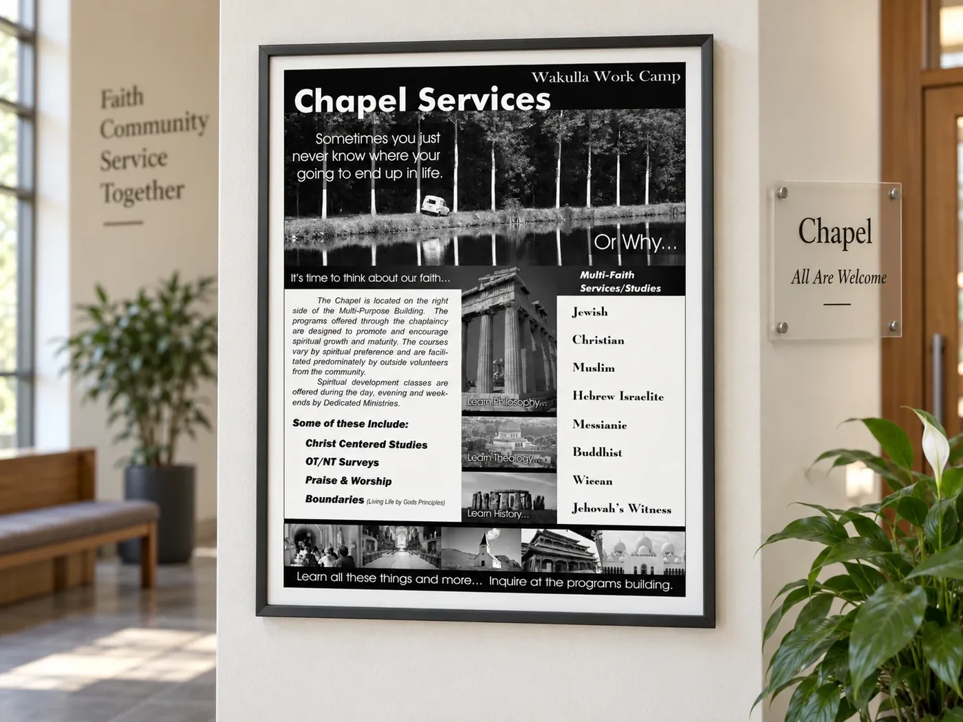 Wakulla Work Camp Chapel Services multi-faith display